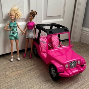 Barbie Pink Glitter Convertible Toy Jeep with Quilted Formed Seats, & 2 Barbies.